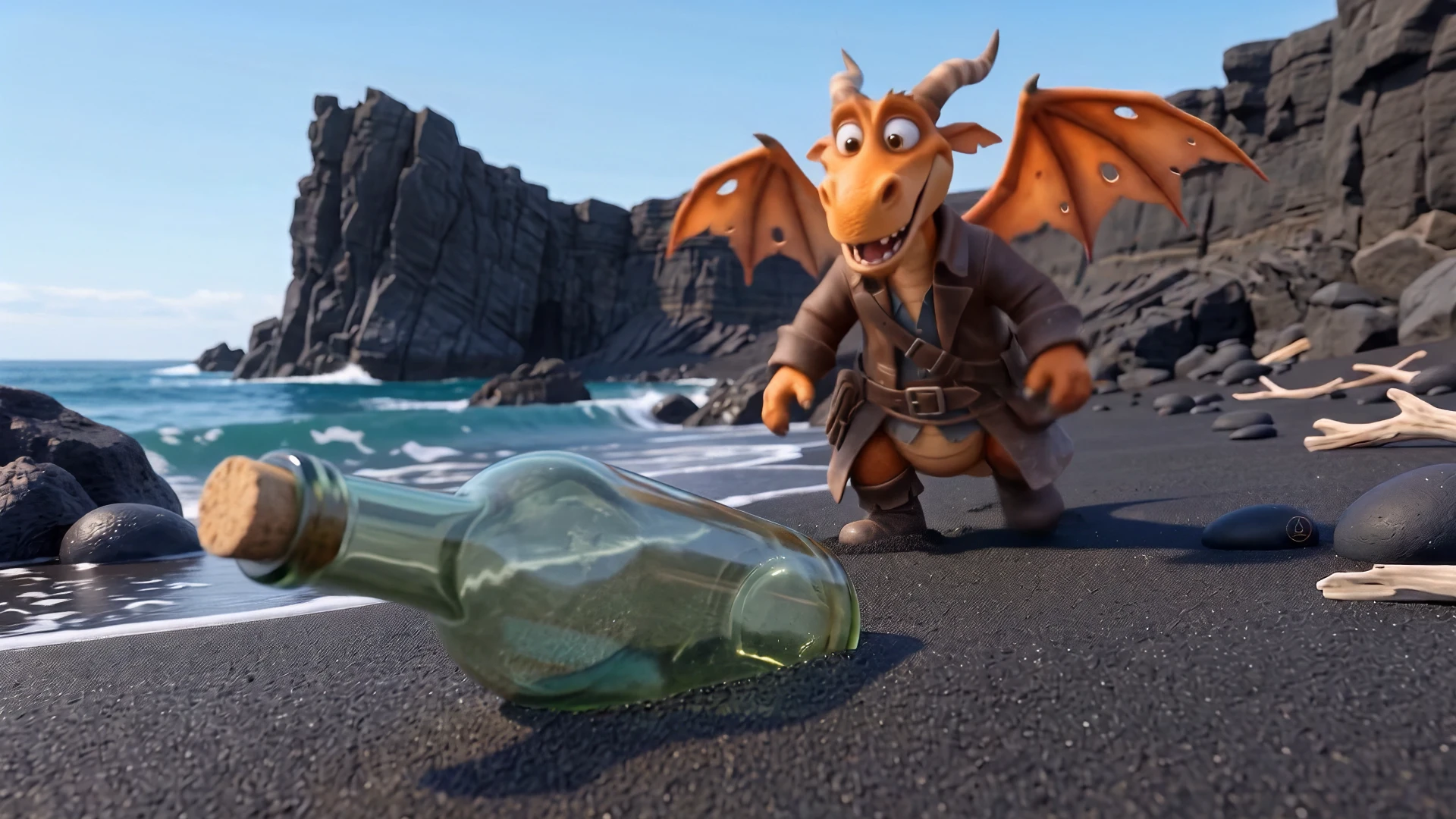 Message in a Bottle - draken hittar flaskan vid strandlinjen