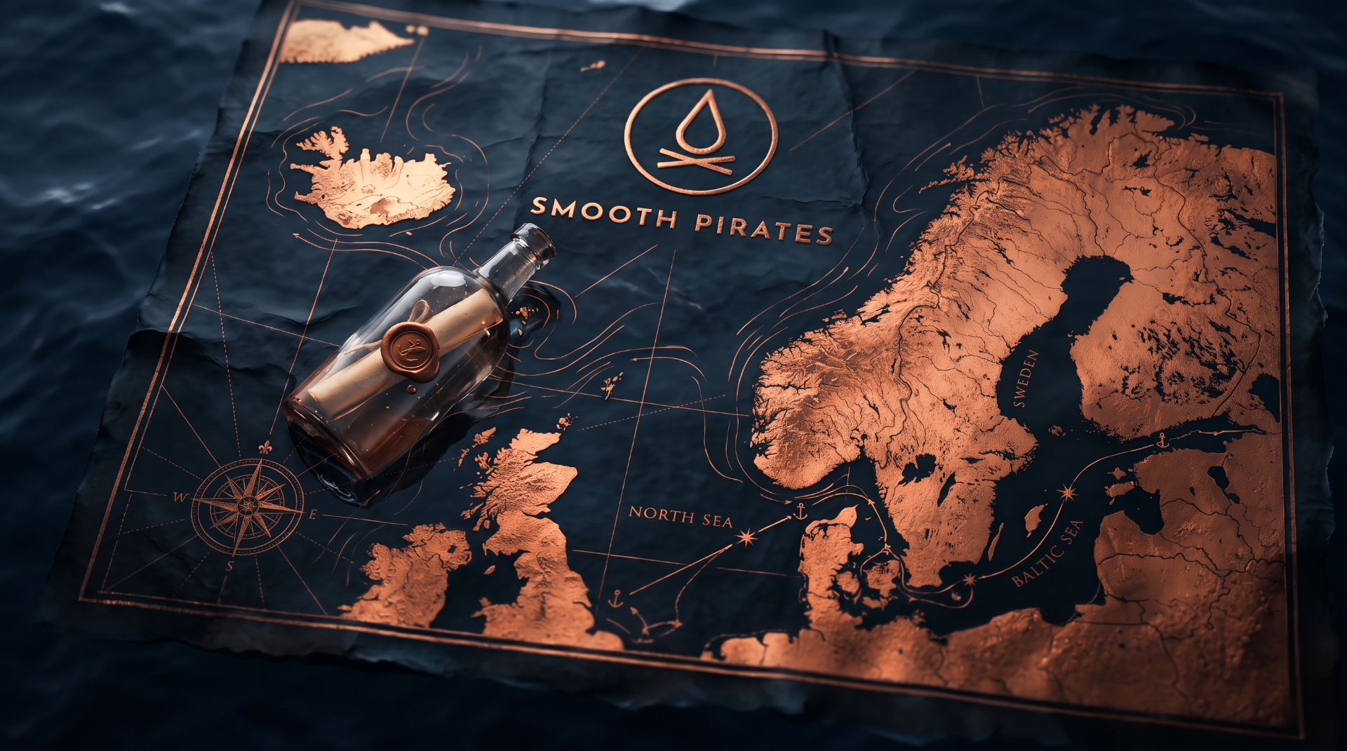 Weathered pirate navigation chart of the North Sea and Baltic